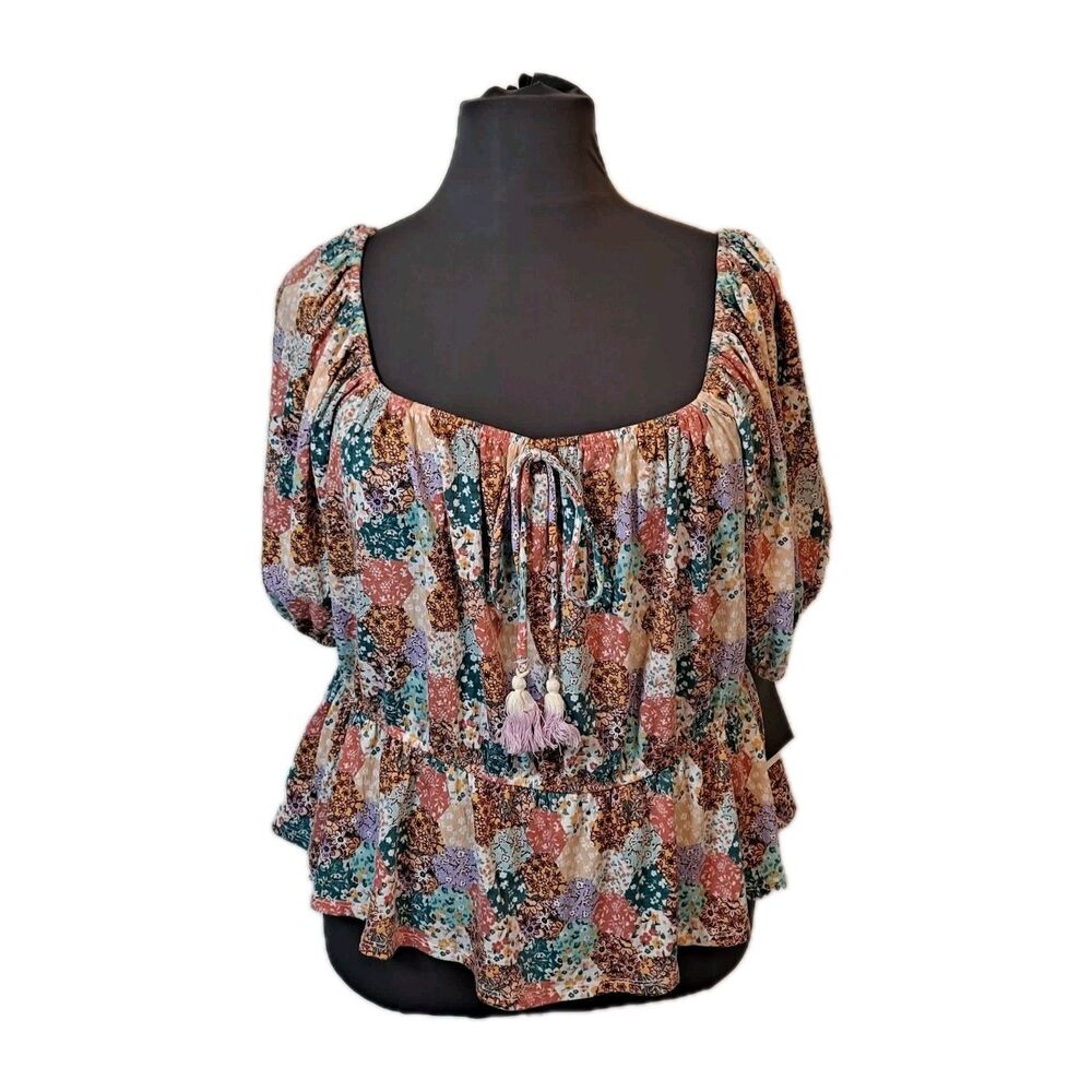 Lily White Womens Patchwork Peasant Blouse Size 3X Off Shoulder Floral Crop Top